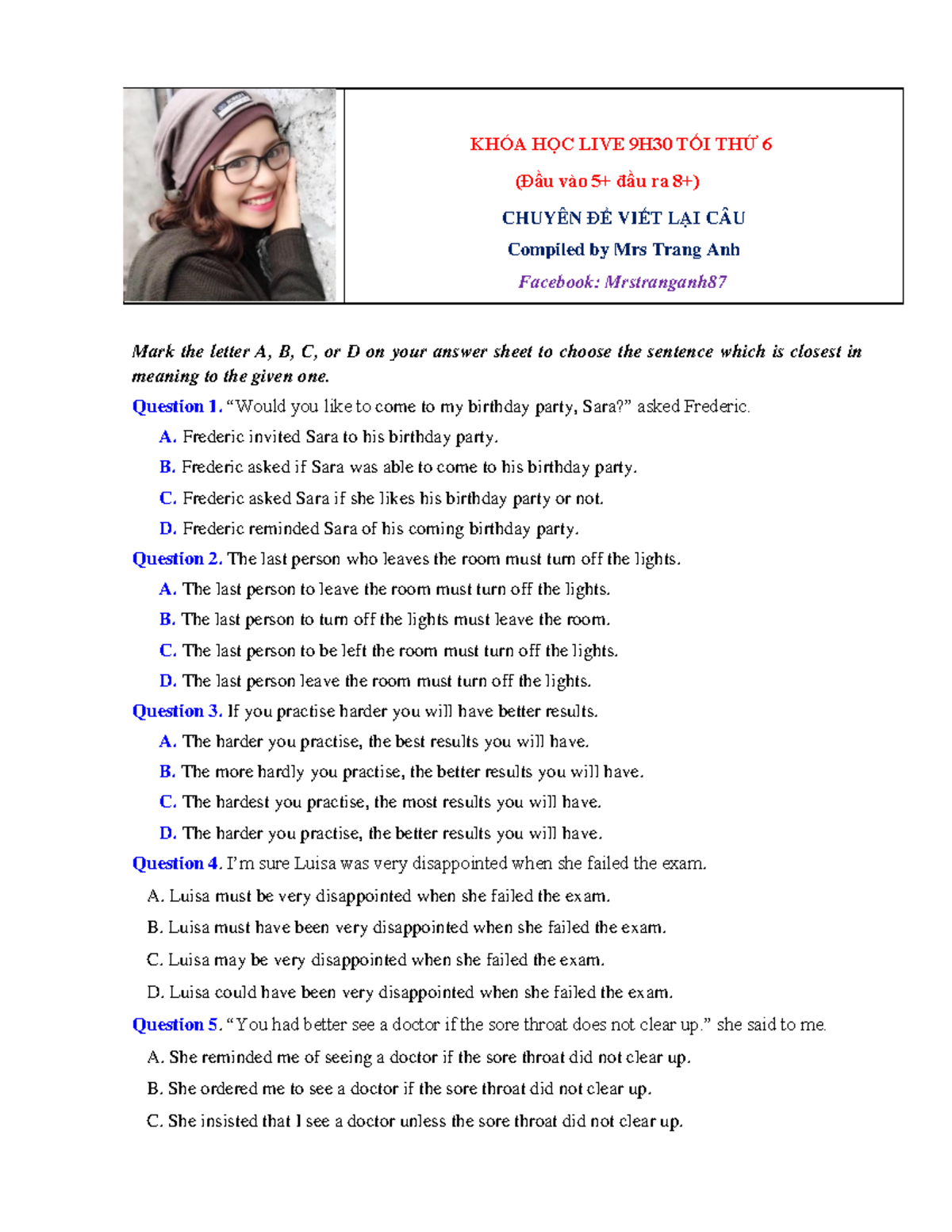 Bài Tập Trắc Nghiệm Viết Lại Câu Môn Tiếng Anh - Onluyen.vn - Document Preview