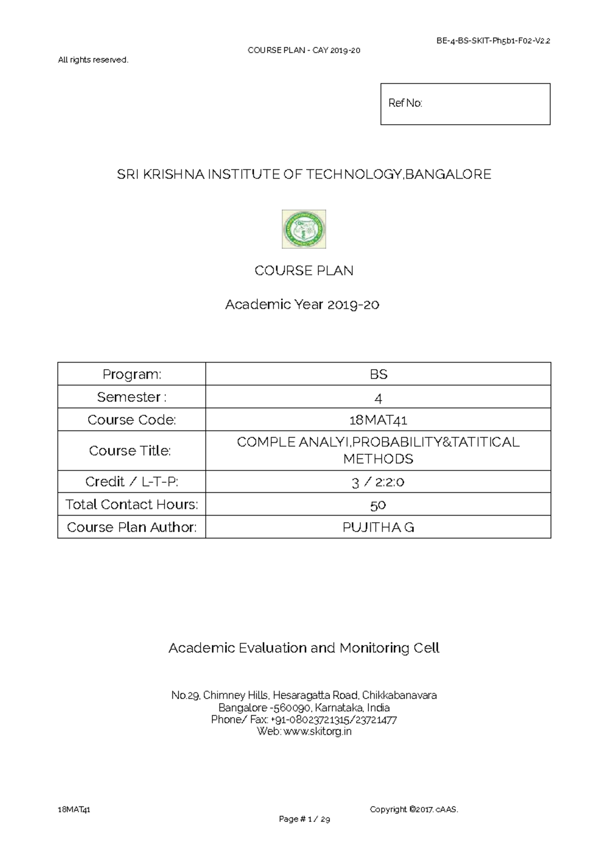 18MAT41 - Course Plan for Complex Analysis & Statistical Methods - Studocu