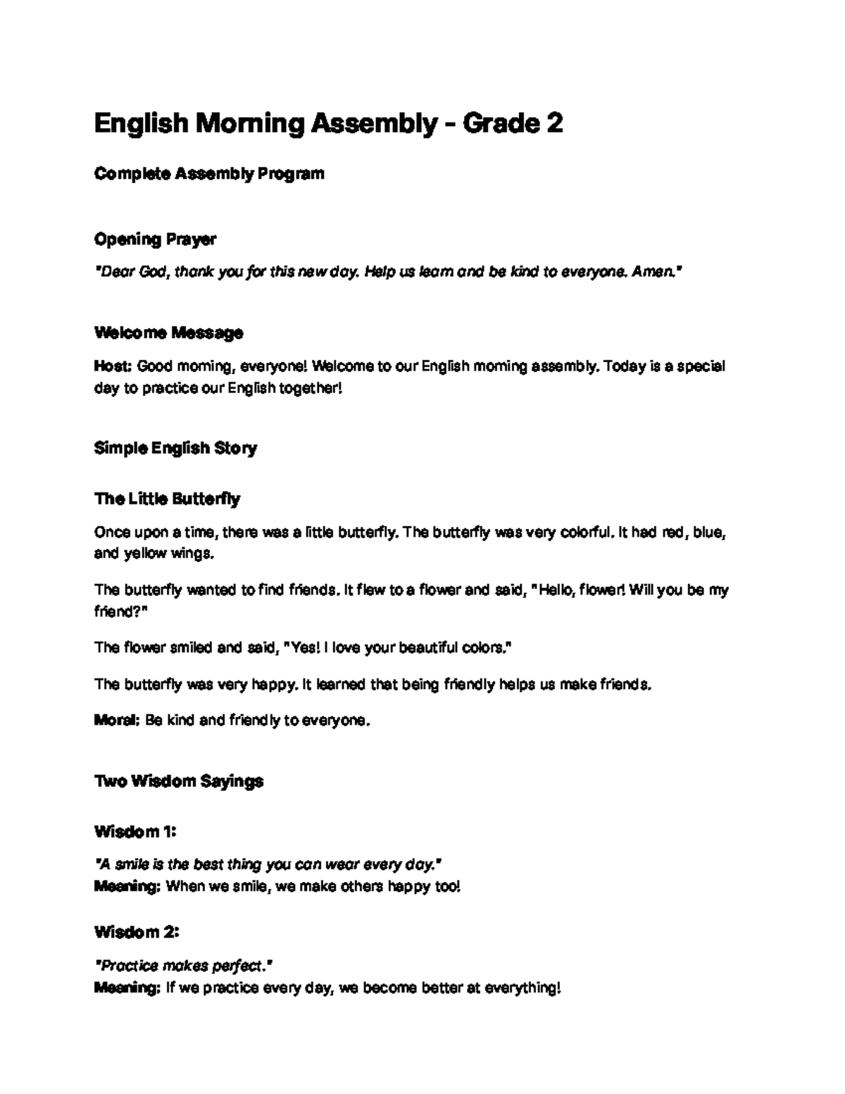 English Morning Assembly Program for Grade 2: A Complete Guide - Studocu