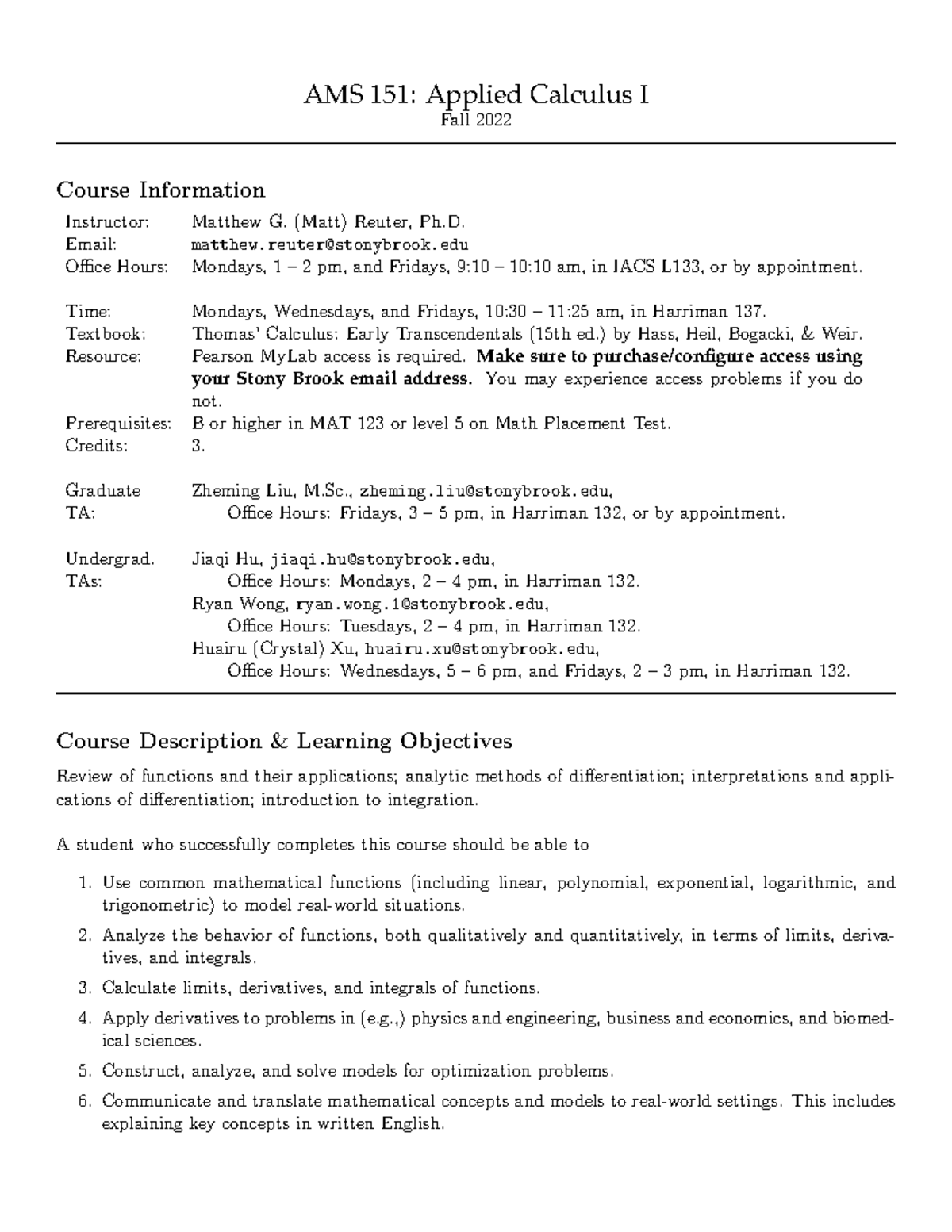 AMS151 Fall 2022: Applied Calculus I Syllabus & Course Overview - Studocu