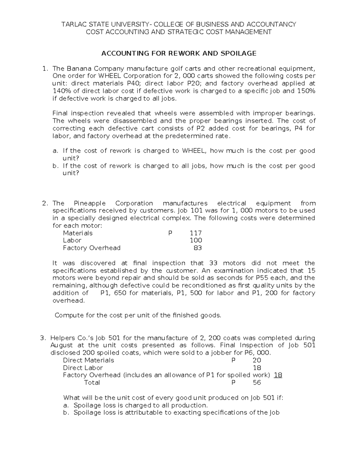 Rework and Spoilage Analysis for JOC: Cost Accounting Insights - Studocu