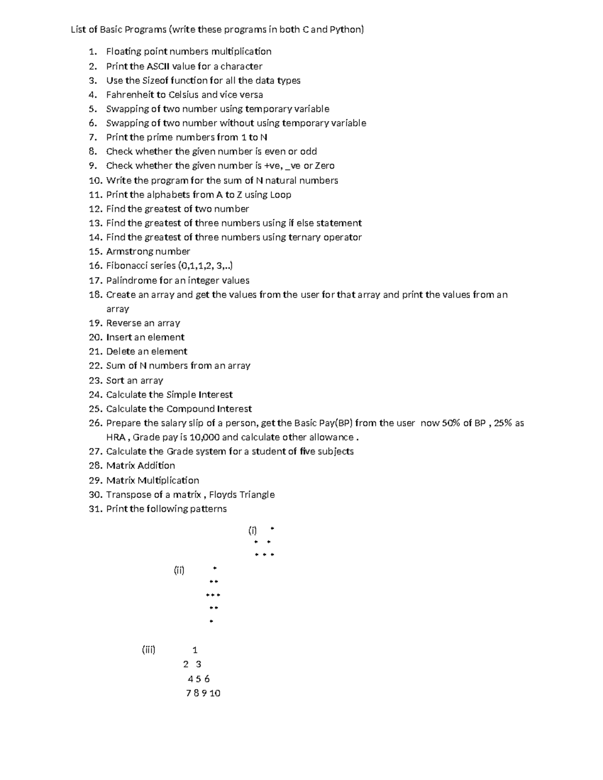 List of Basic Programs for CLA1 - List of Basic Programs (write these ... image.