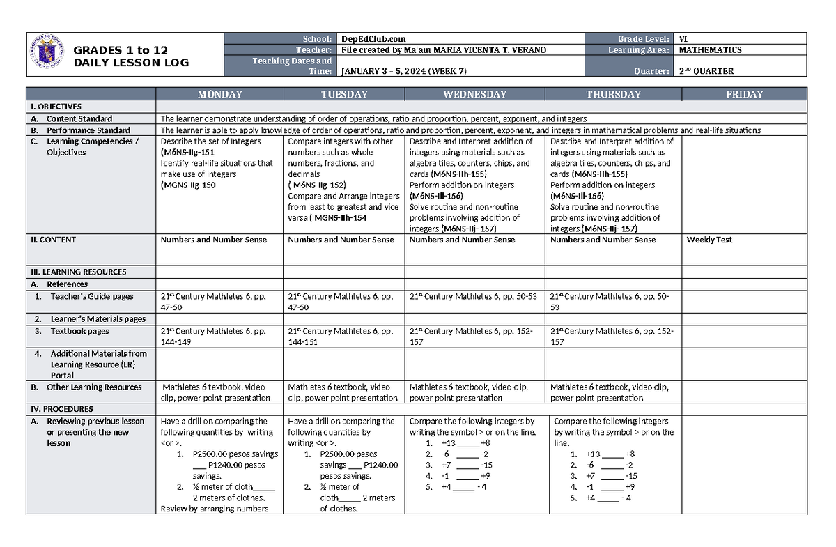 DLL Mathematics 6 Q2 W7: Daily Lesson Log for Integers and Operations ...