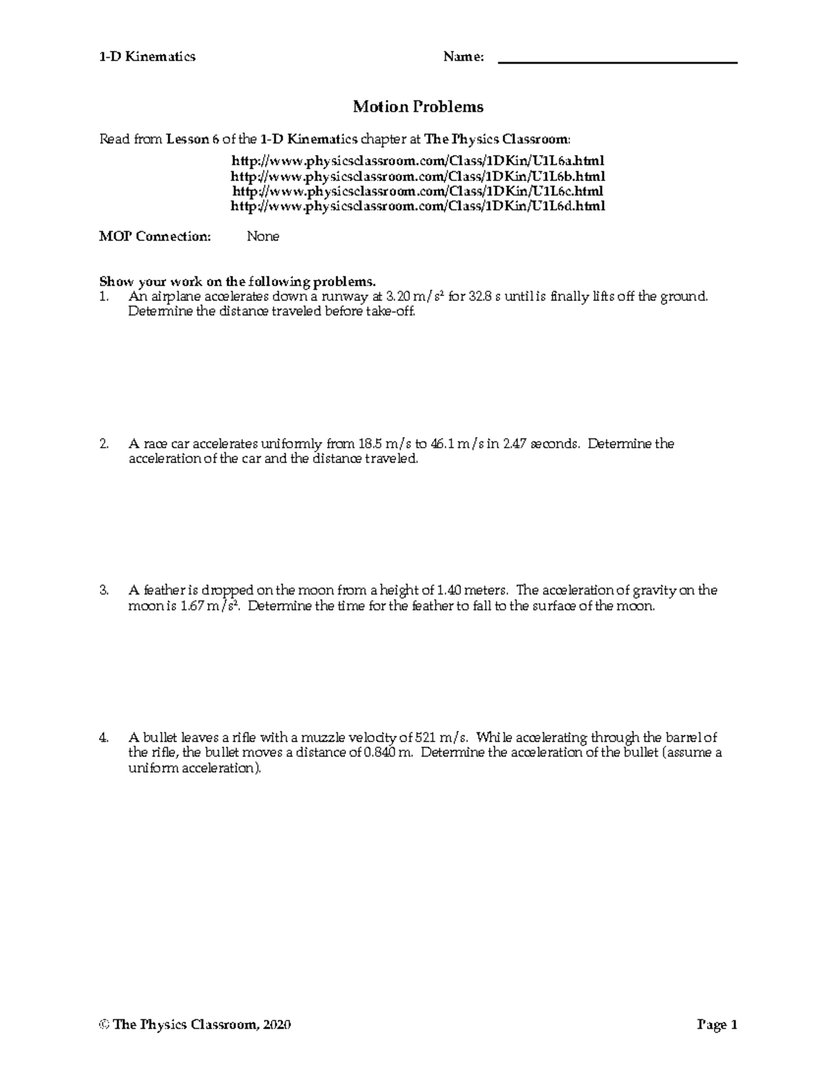 Kinematics 1DKin13 - Motion Problems from Lesson 6 - Studocu