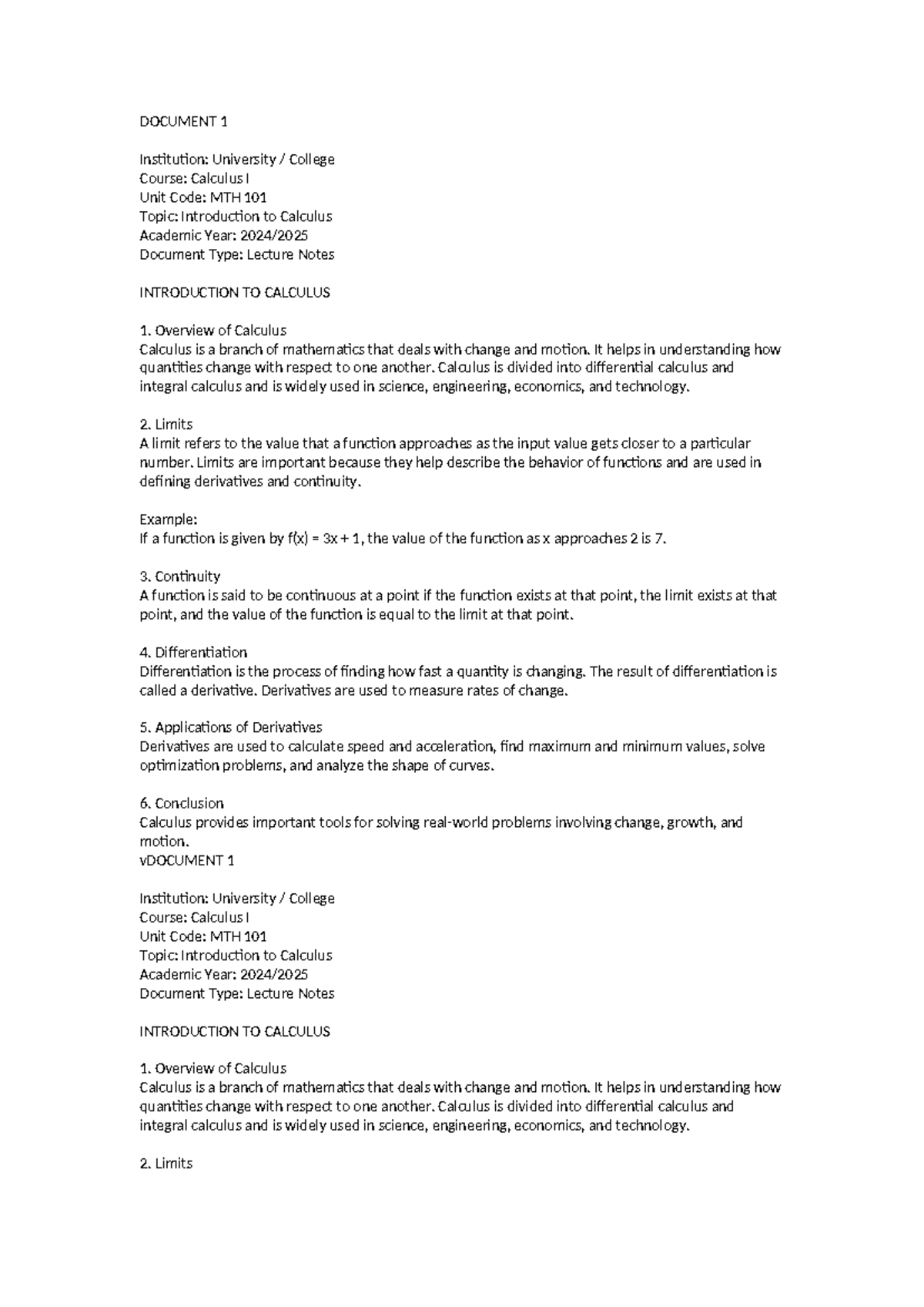 MTH 101: Lecture Notes on Introduction to Calculus for Exam Prep - Studocu