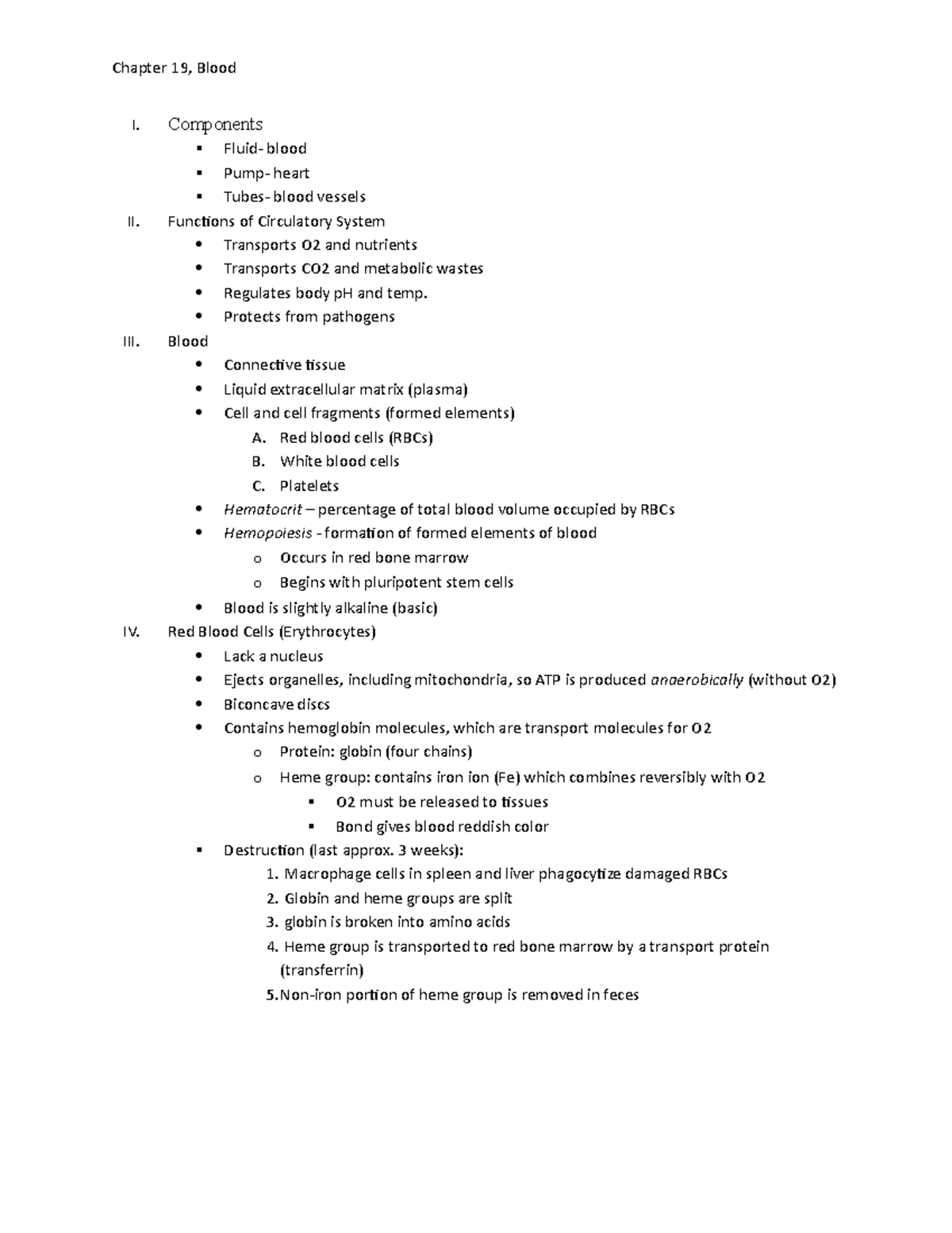 A&P II Chapter 19: Overview of Circulatory System & Blood Components ...