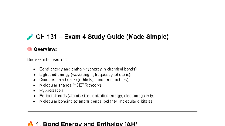 🧪 CH 131 – Simplified Study Guide for Exam 4 - Studocu