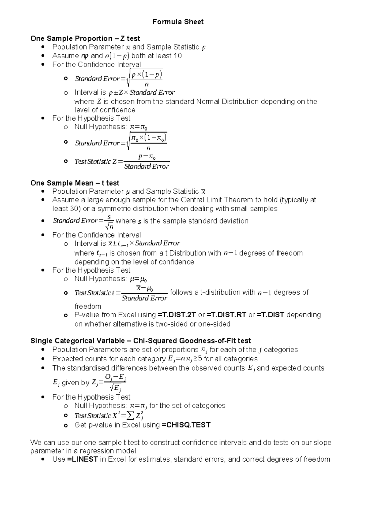 Basic Formula Sheet for One Sample & Two Sample Tests (STAT 101) - Studocu