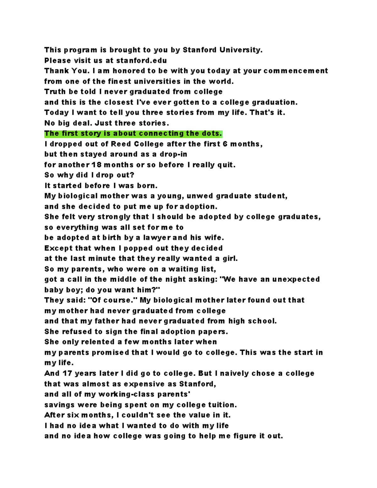 [Transcript] Steve Jobs' Inspirational 2005 Stanford Address - Studocu