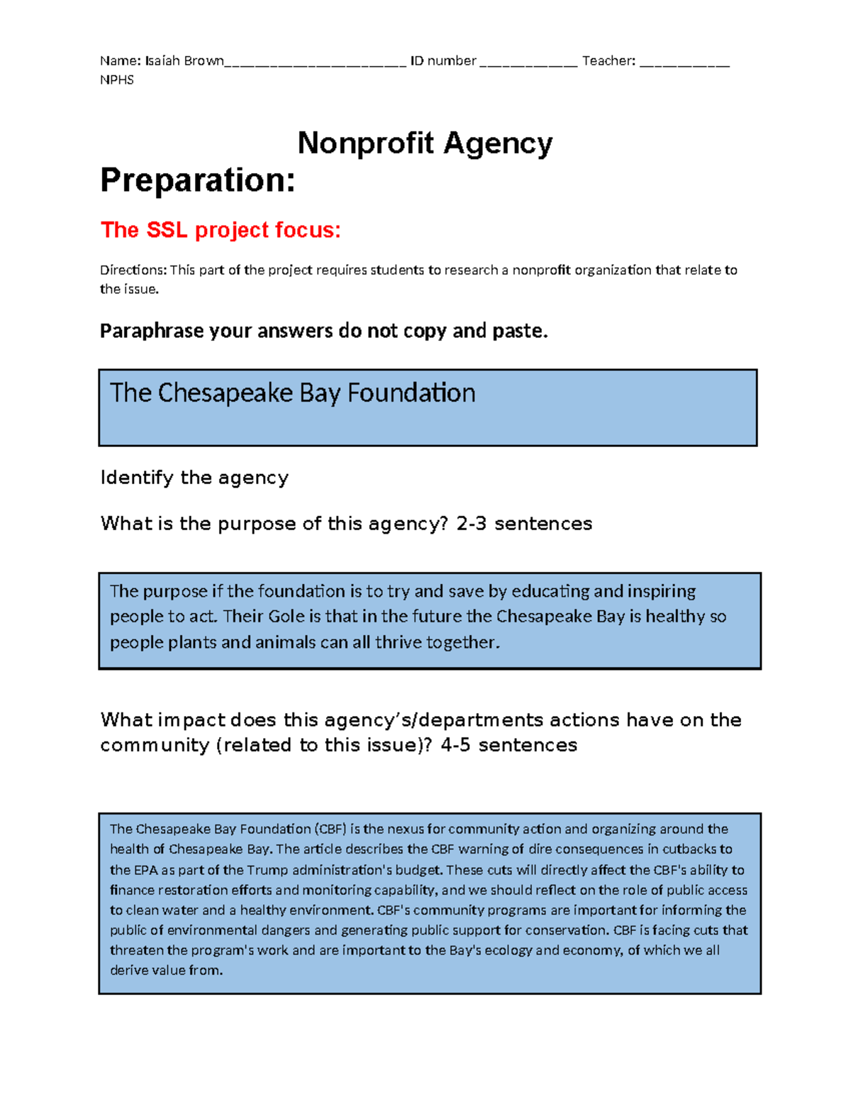 Non-Profit Agency Research - CSL Project on Chesapeake Bay Foundation ...