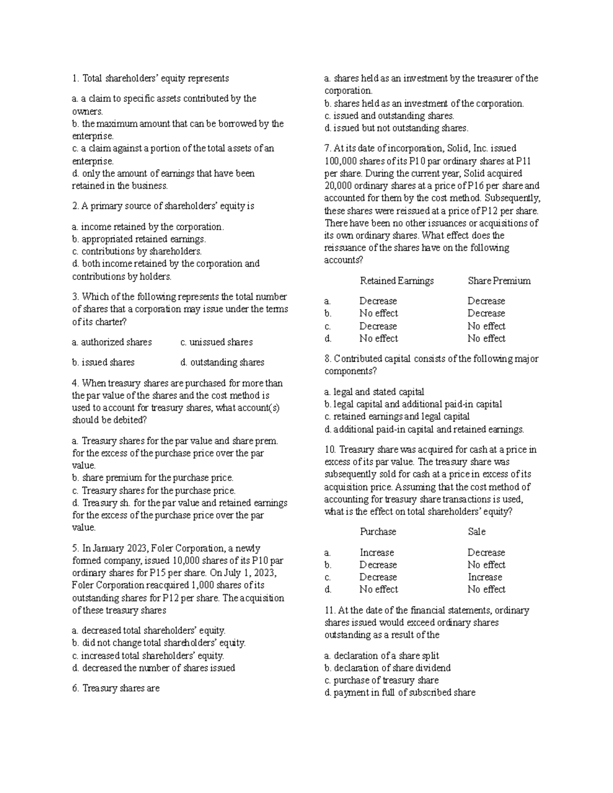 Equity Quiz - Key Concepts and Problem Solving (Course Code: EQ101 ...