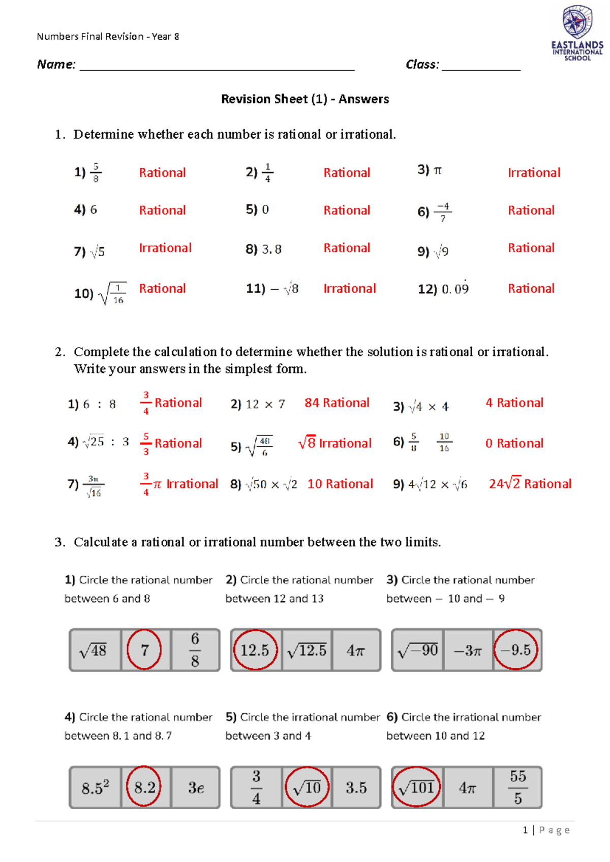 Numbers Final Revision Year 8 - Final Revision Sheet 1 Answers - Studocu
