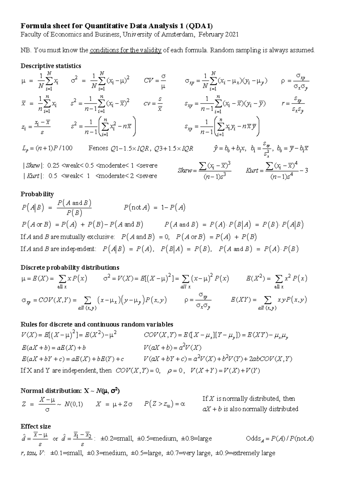 Formula sheet QDA1 Feb 2021 - Formula sheet for Quantitative Data ...