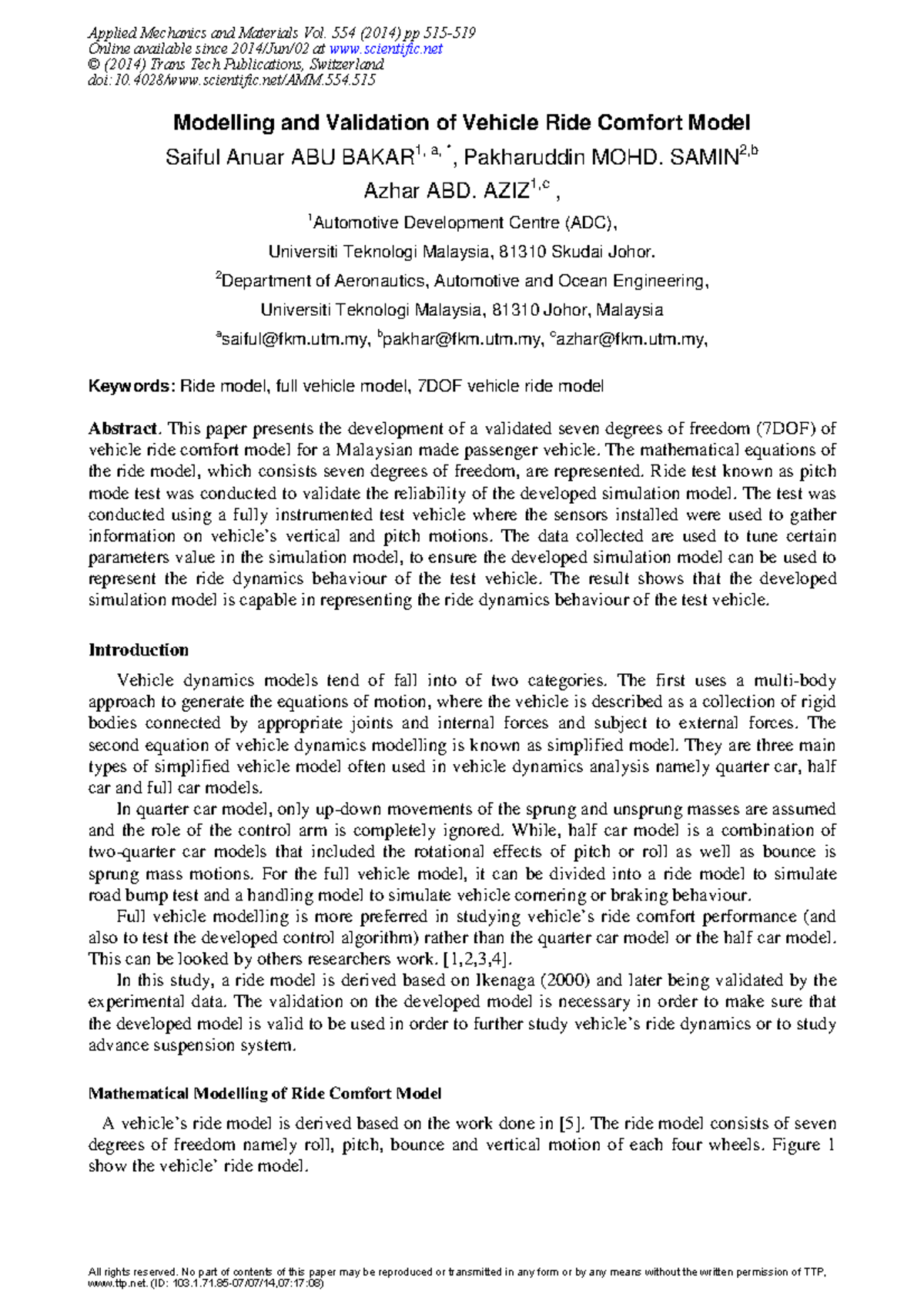 Modelling and Validation of 7DOF Vehicle Ride Comfort Model (2014 ...