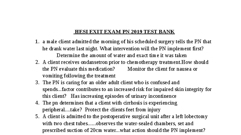 2019 HESI PN EXIT EXAM TEST BANK: Comprehensive Review Questions - Studocu