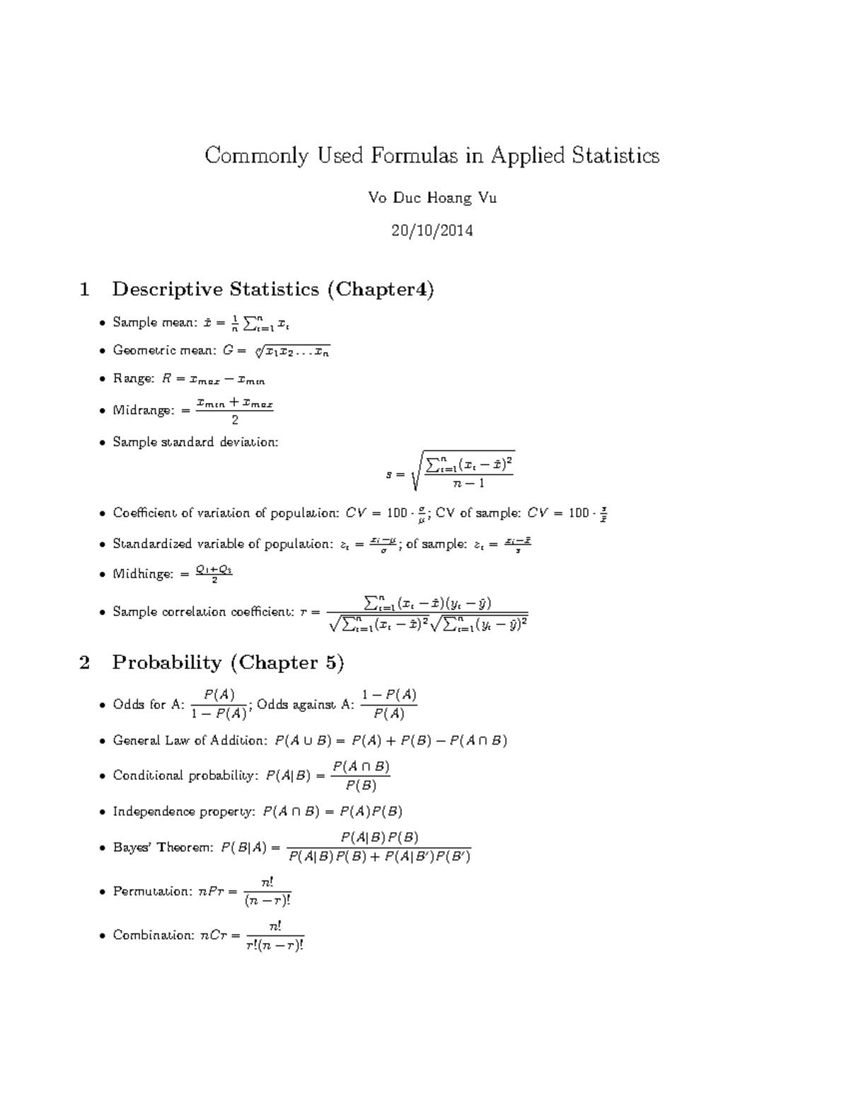 Commonly Used Formulas in Applied Statistics (STAT 101) - Studocu