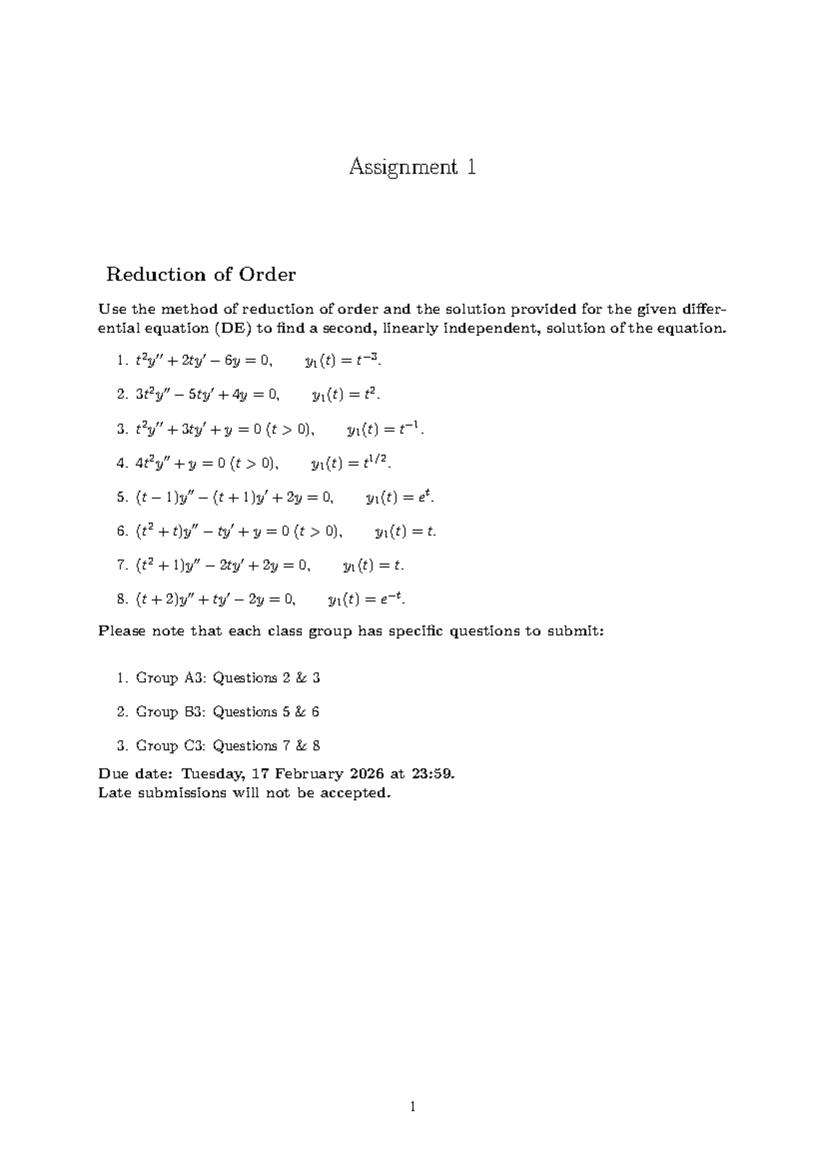 Assignment 1: Reduction of Order Method for Differential Equations ...