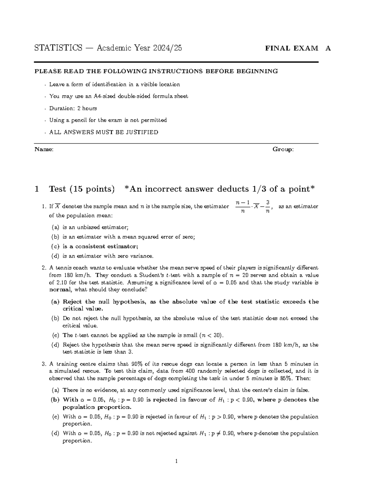 STATISTICS 2025 FINAL EXAM A Solutions and Instructions - Studocu