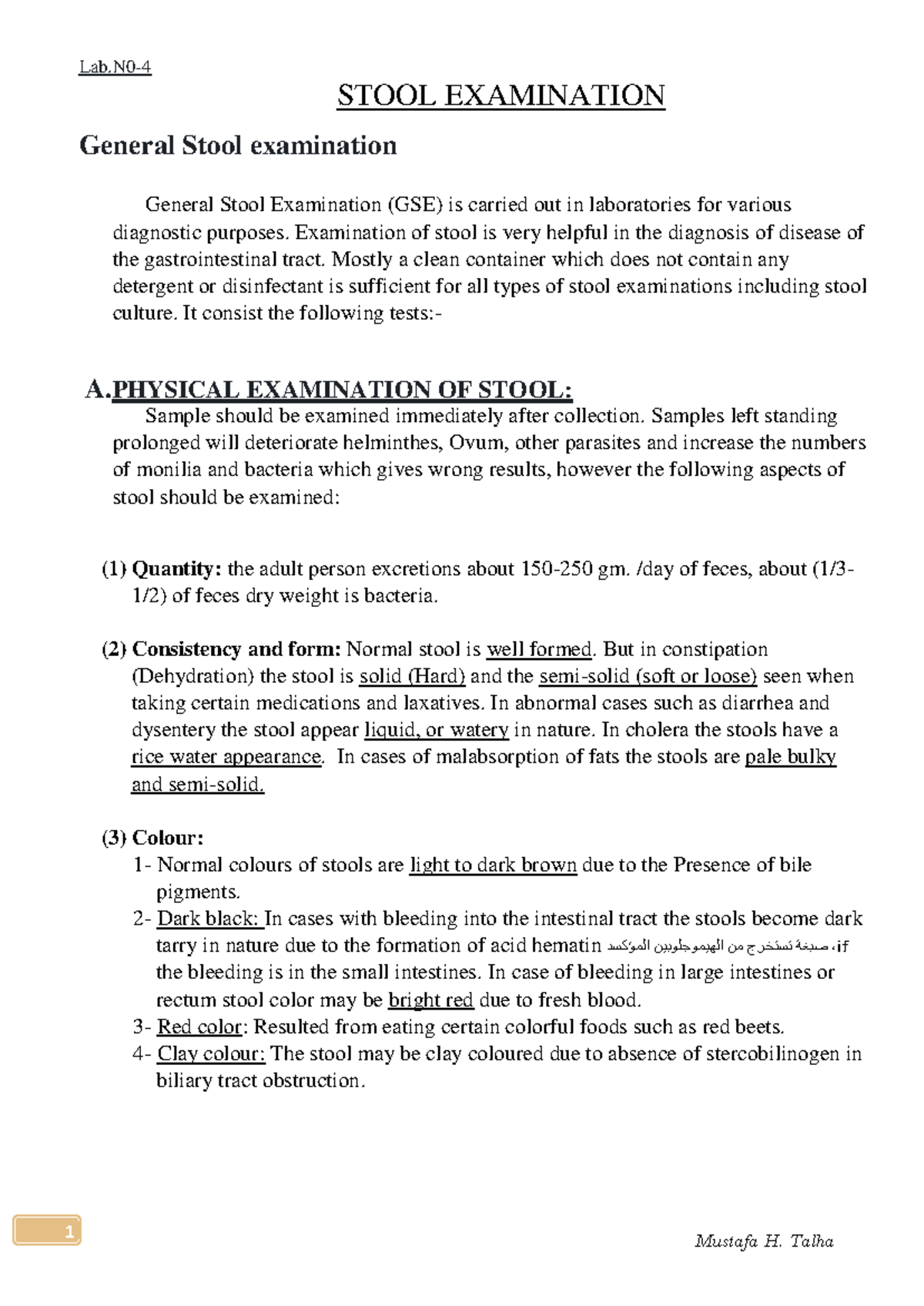 Lab 4 - Stool Physical, Chemical & Microscopic Examination Guide - Studocu
