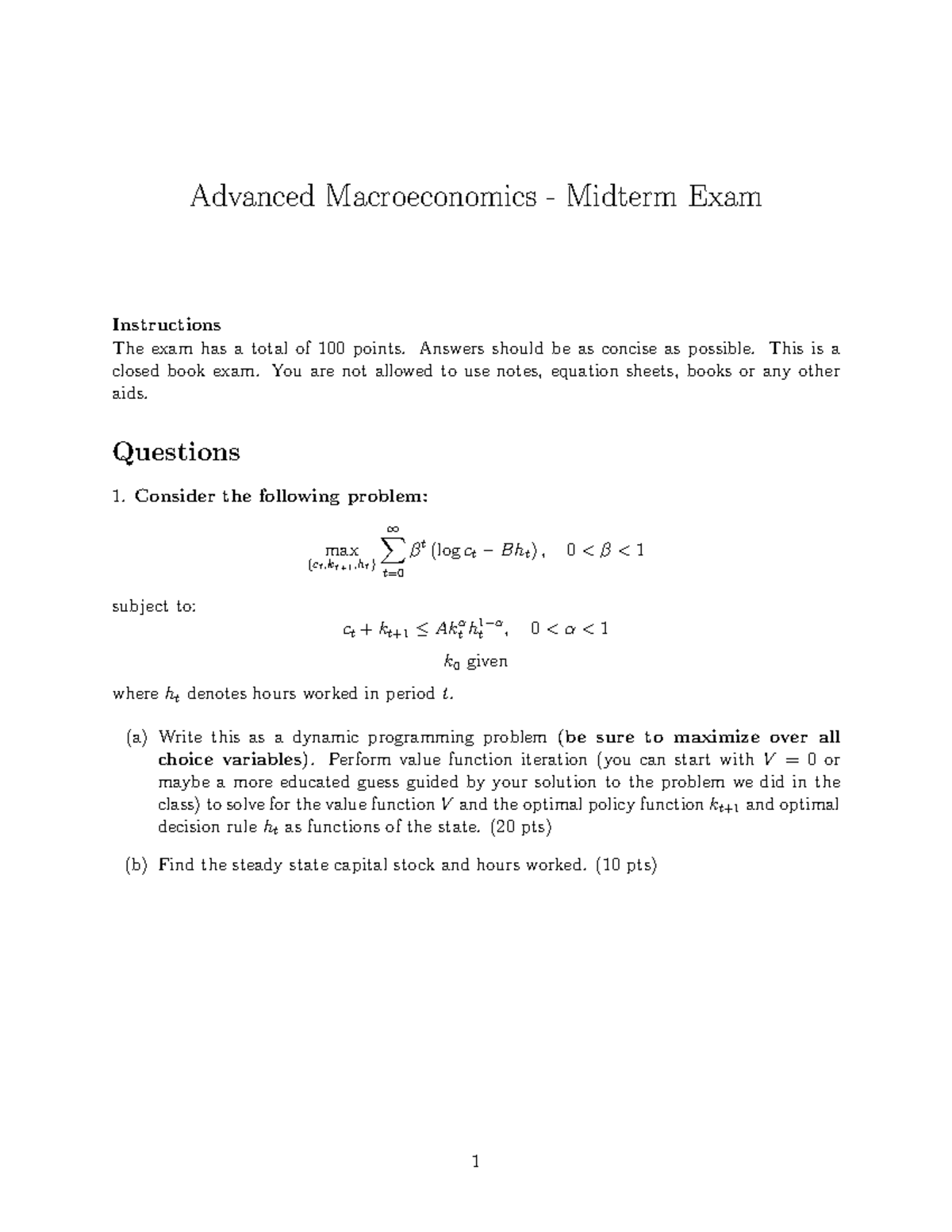Advanced Macroeconomics - Midterm Exam Questions and Solutions - Studocu