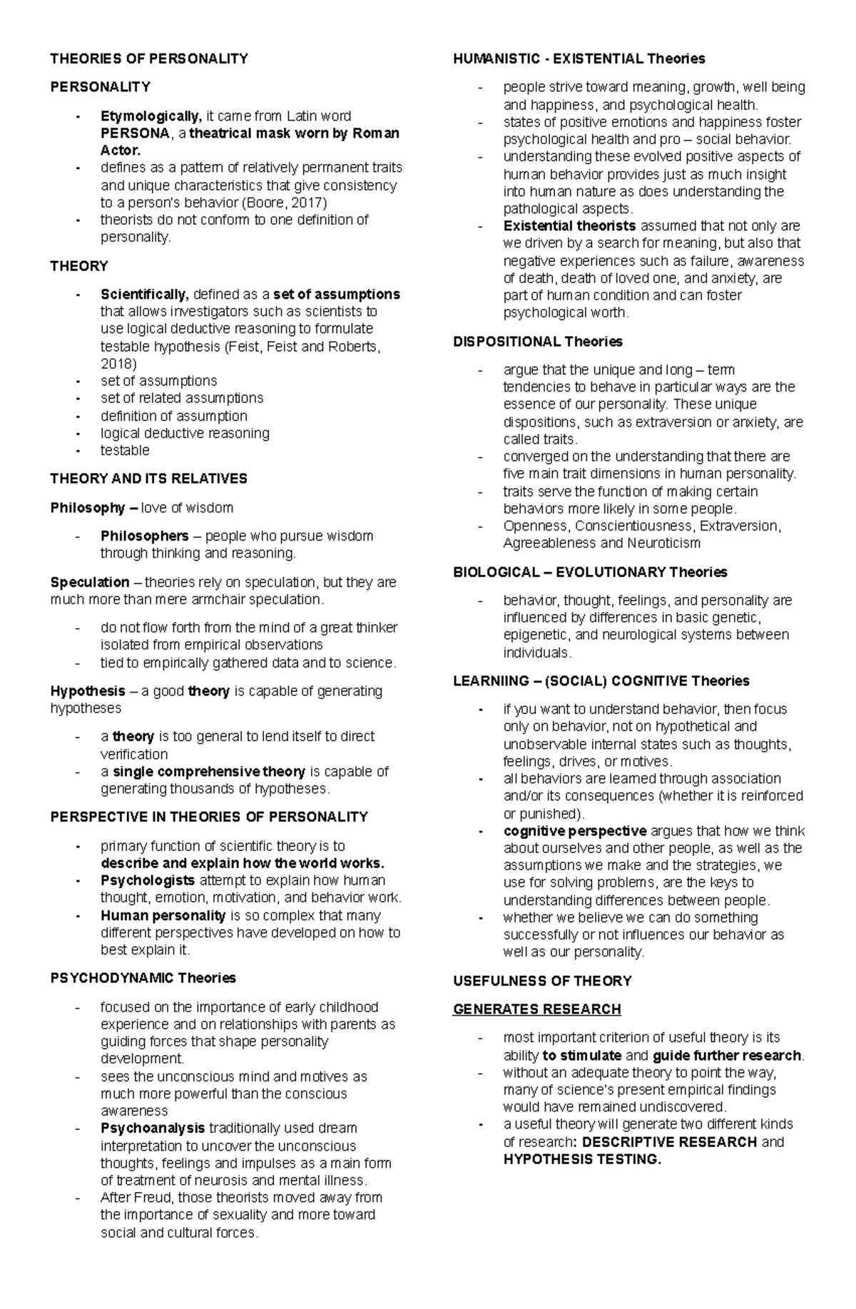 PSY 101: Theories of Personality - 1st Semester Reviewer - Studocu