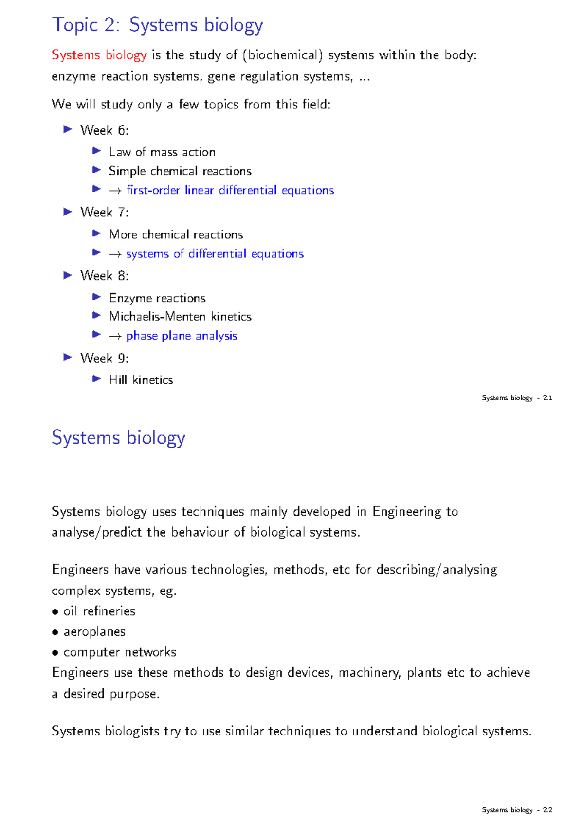 Sysbiol - Lecture Notes on Systems Biology Concepts and ODEs - Studocu