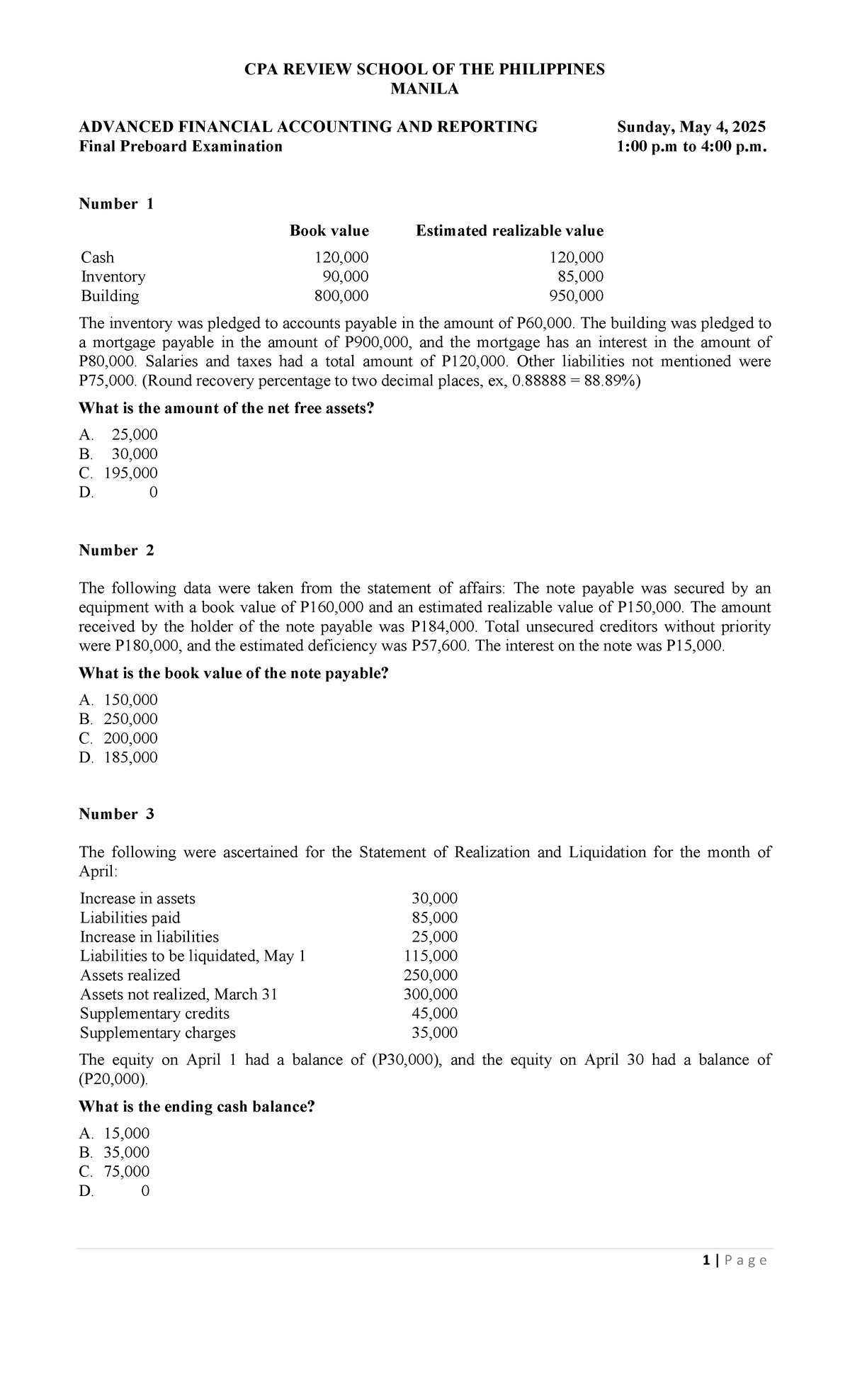 CPA REVIEW SCHOOL OF THE PHILIPPINES MANILA ADVANCED FINANCIAL ACCOUNTING AND - Document Preview