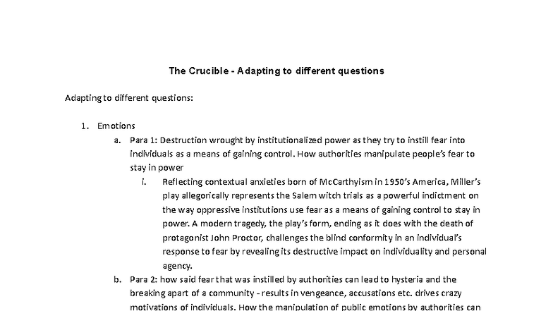 The Crucible (ENG 101) - Analyzing Fear and Power Dynamics - Studocu
