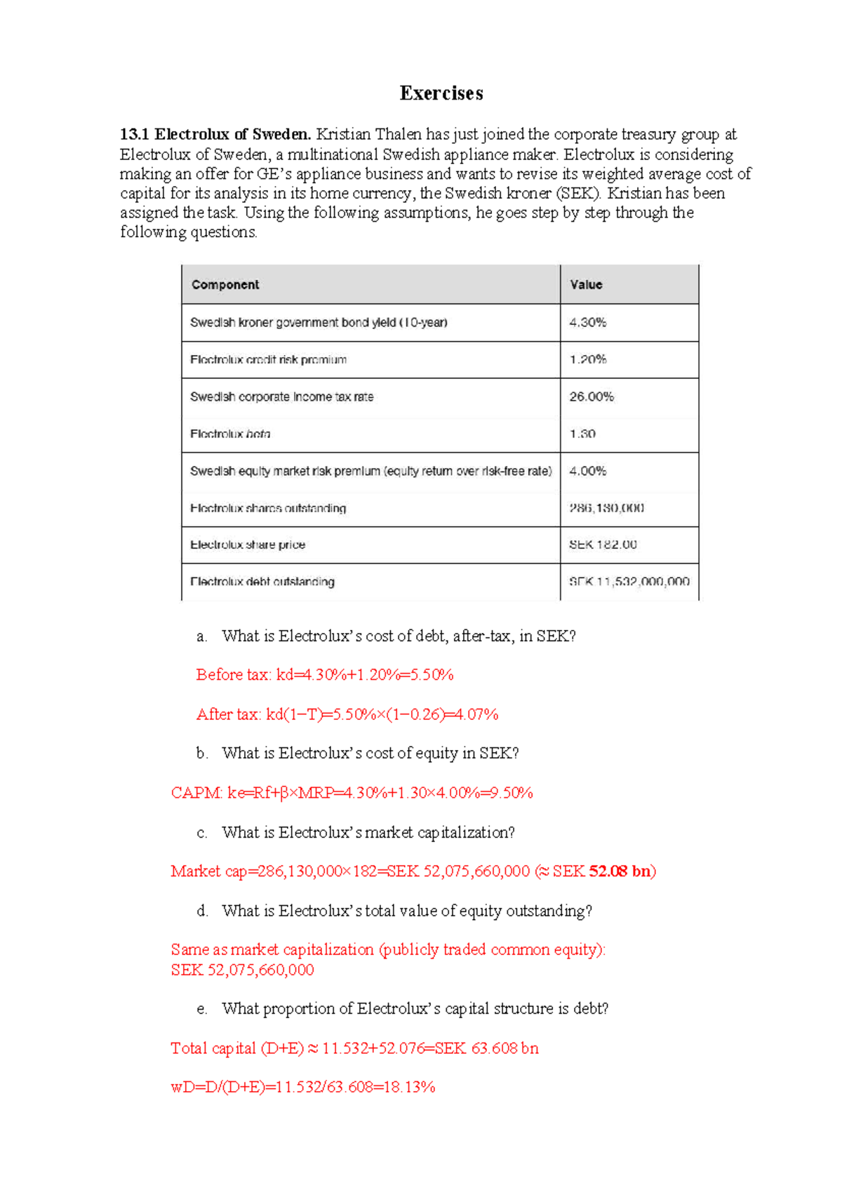 Exercises 13.1-13.16: WACC Analysis and Cost of Capital Calculations ...