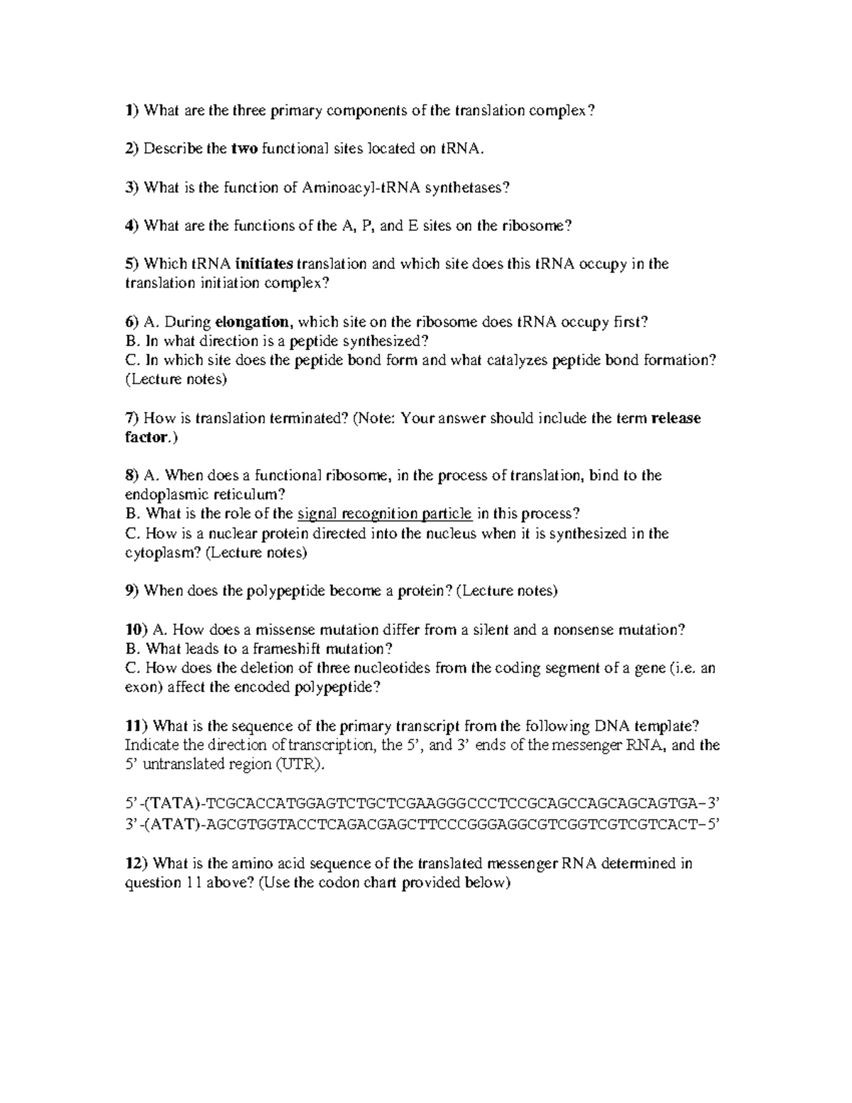 3201 Lecture 3 Study Guide: Translation Complex & tRNA Functions - Studocu
