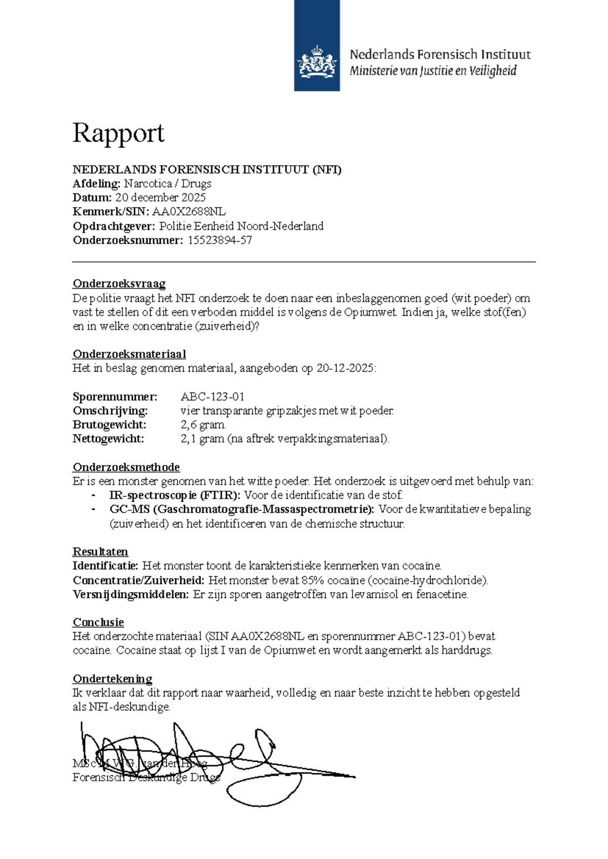 NFI Rapport Narcotica Onderzoek AA0X2688NL - Cocaïne Identificatie ...