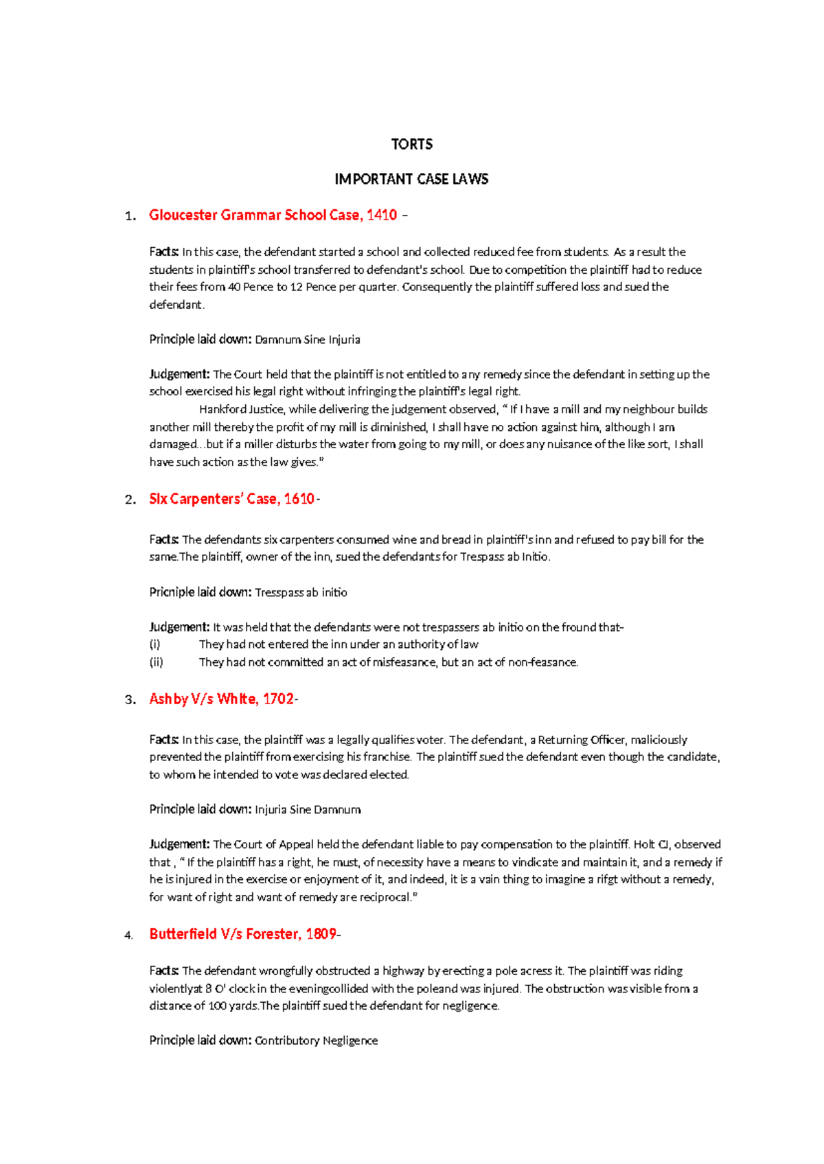 TORTS CASE LAWS: Key Principles and Judgments Overview - Studocu