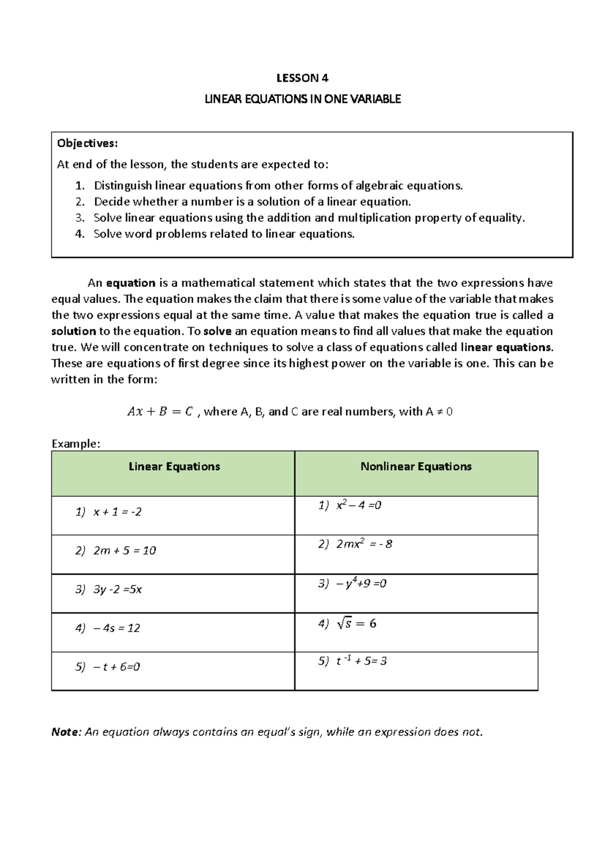 Lesson 4 - Solving Linear Equations in One Variable - Studocu