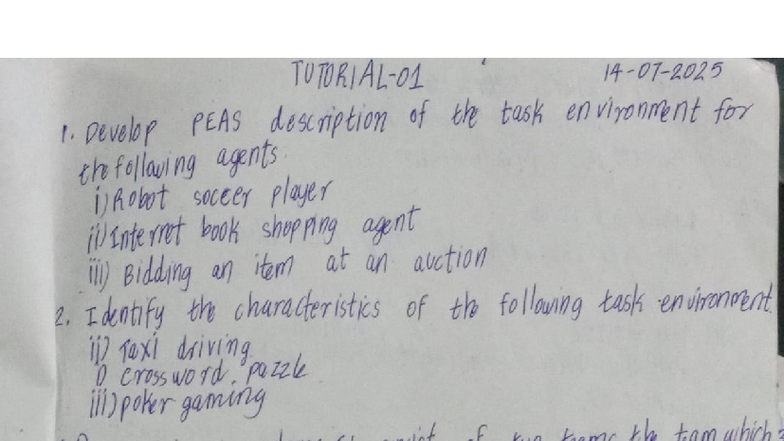 Tutorial 01 - PEAS Descriptions for Agents in M1 - Studocu