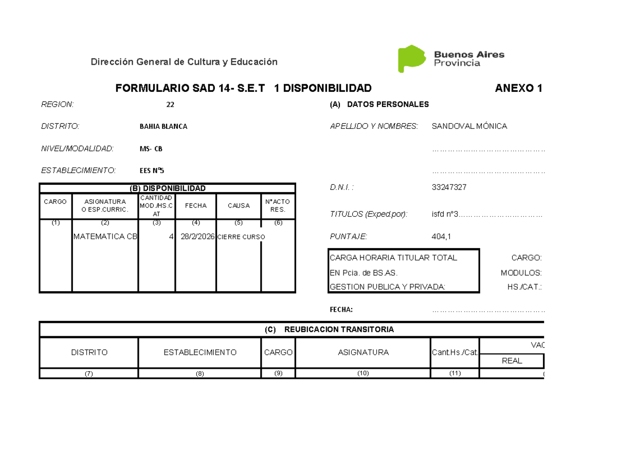 SET1 Disponibilidad Formulario SAD 14 - Dirección General de Cultura y ...
