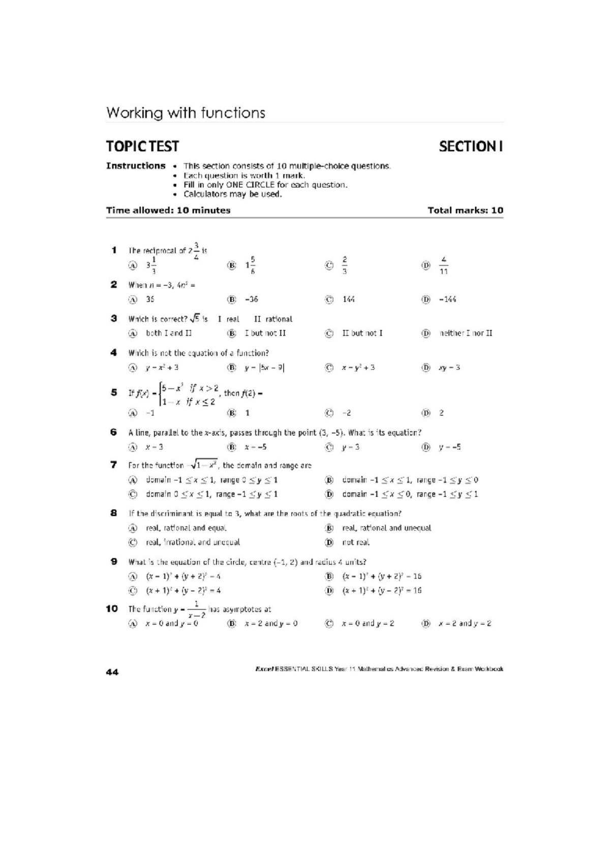 Year 11 Mathematics Advanced: Functions Revision Exam Workbook - Studocu