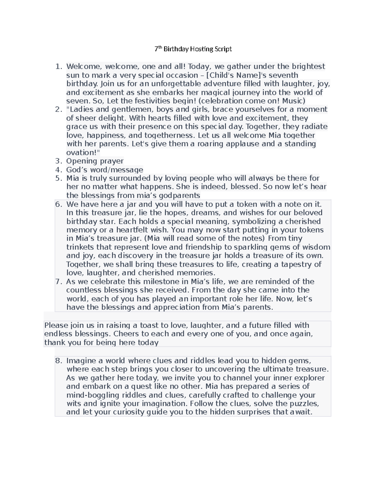 7th Birthday Hosting Script for Mia's Celebration - Studocu