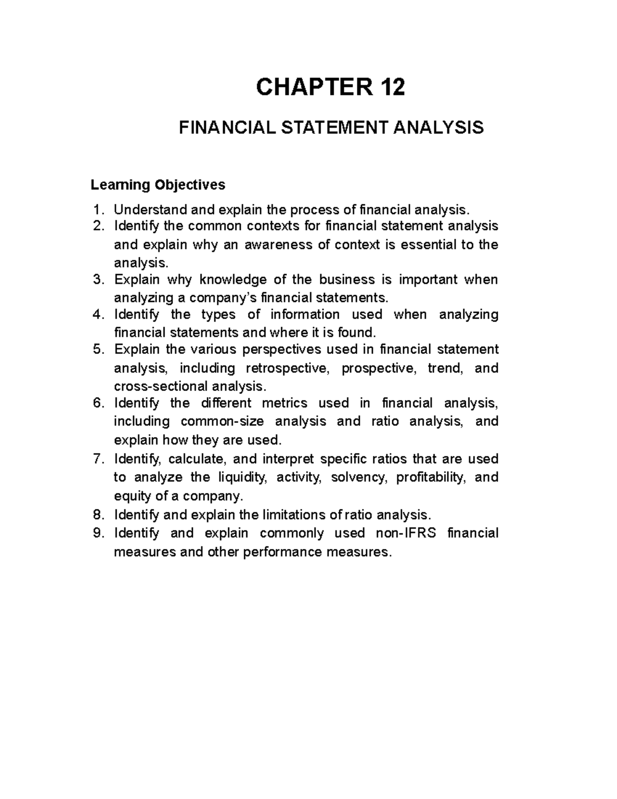 Chapter 12: Financial Statement Analysis - Key Learning Objectives ...
