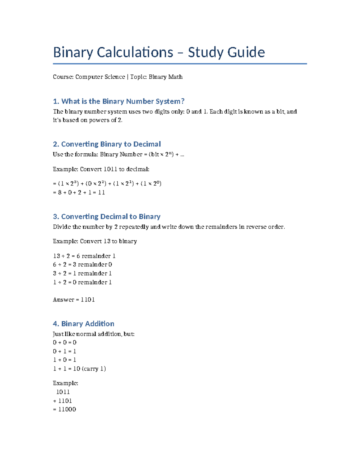 Binary Calculations Study Guide: CS101 - Understanding Binary Math ...