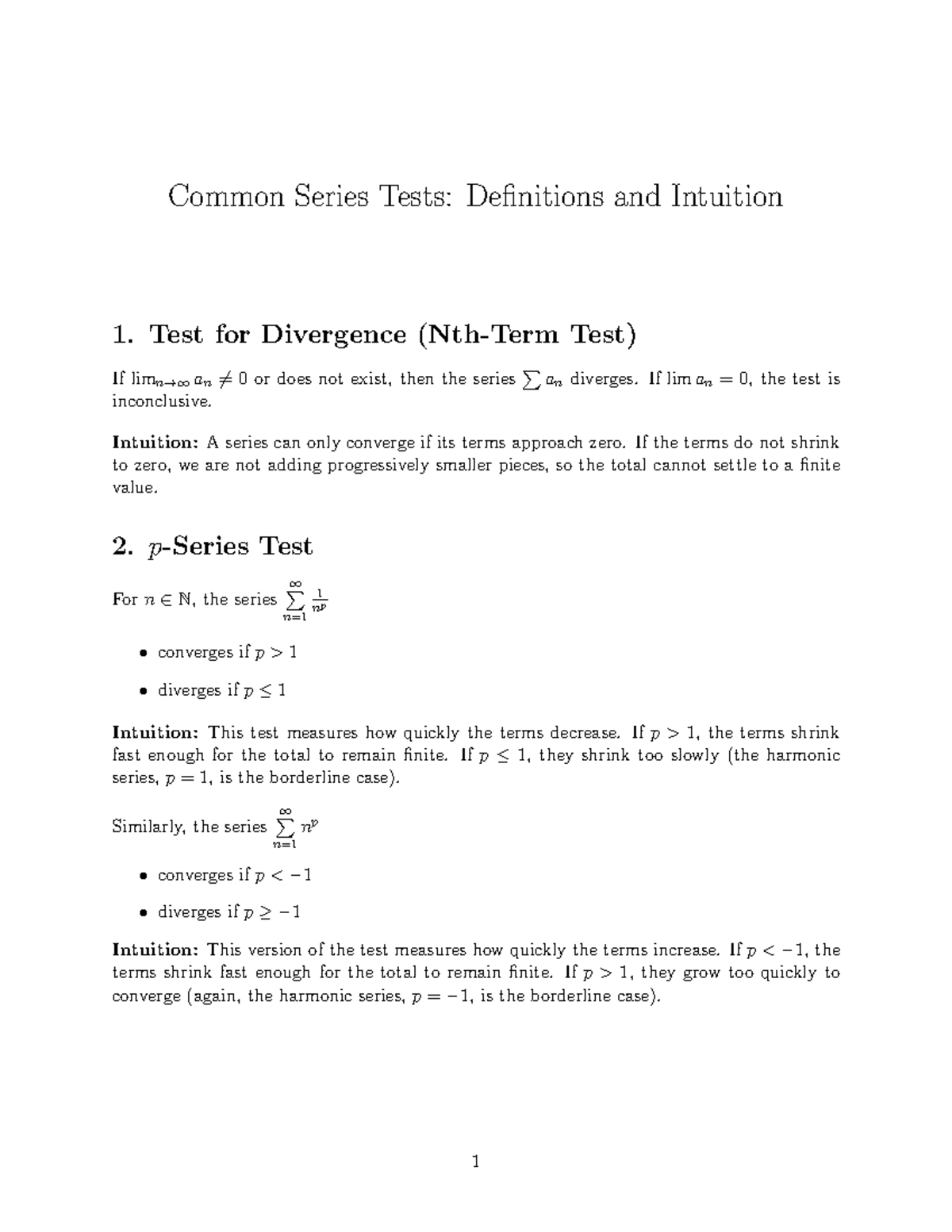 Common Series Convergence Tests: Definitions and Intuition - Studocu