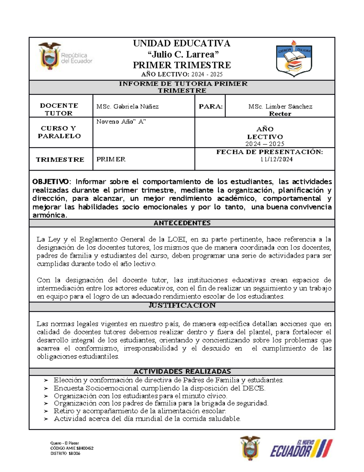Informe de Tutoría Primer Trimestre - Noveno Año A - 2024-2025 - Studocu