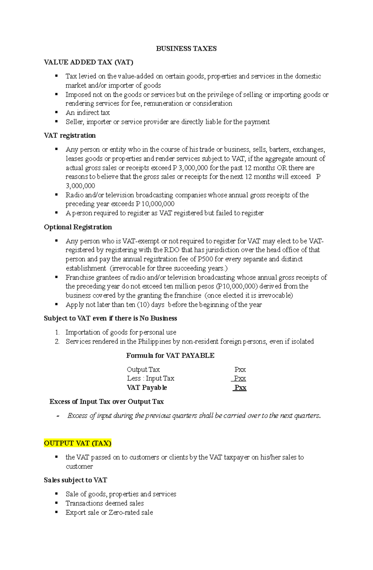 BUSINESS TAXES: VALUE ADDED TAX (VAT) Overview and Key Concepts - Studocu