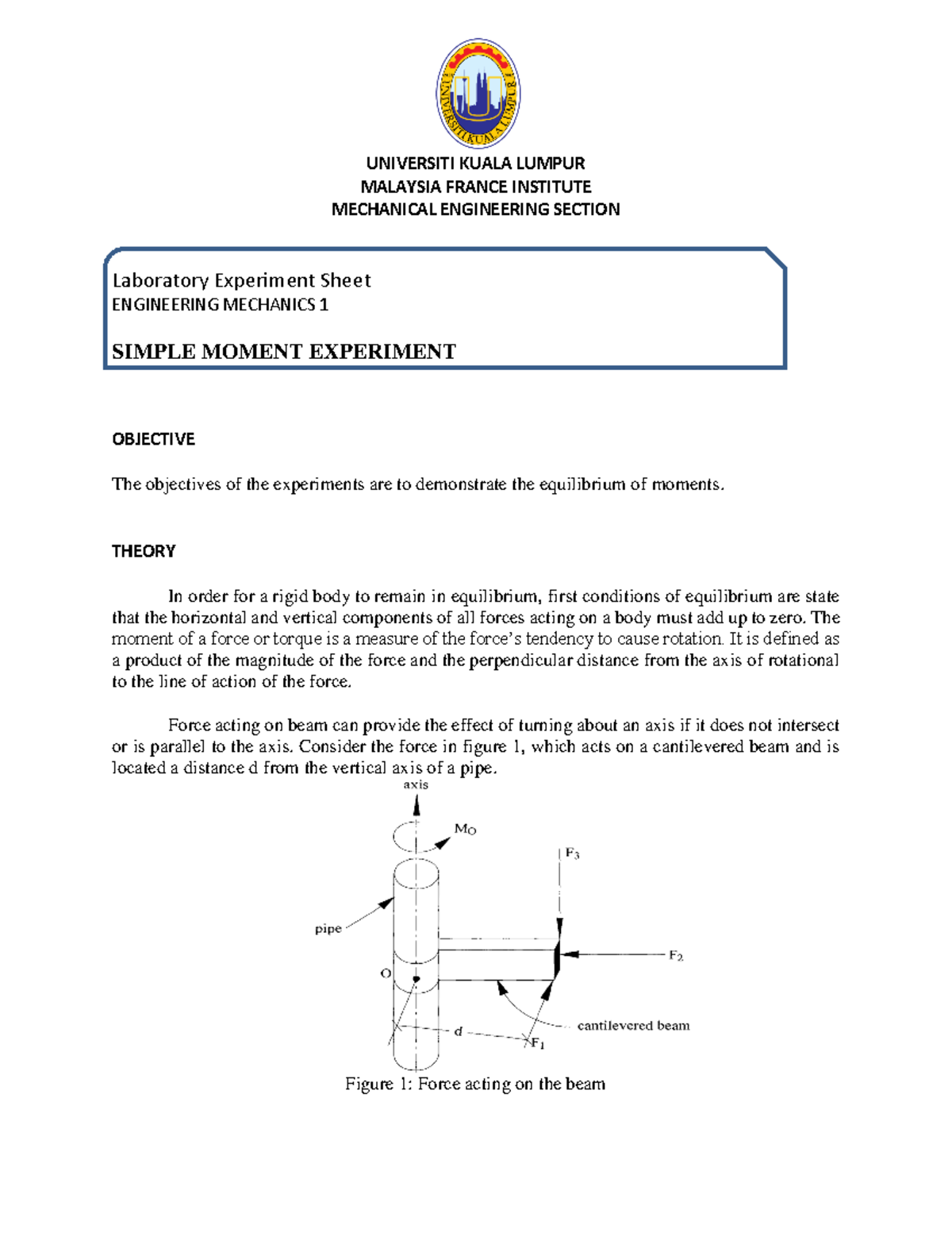 SIMPLE MOMENT EXPERIMENT LAB SHEET - ENGR MECH 1 - Studocu