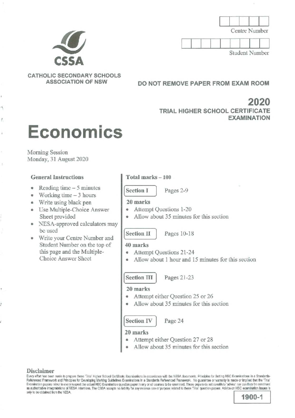 CSSA 2020 Trial HSC Economics Exam Practice Test - Studocu