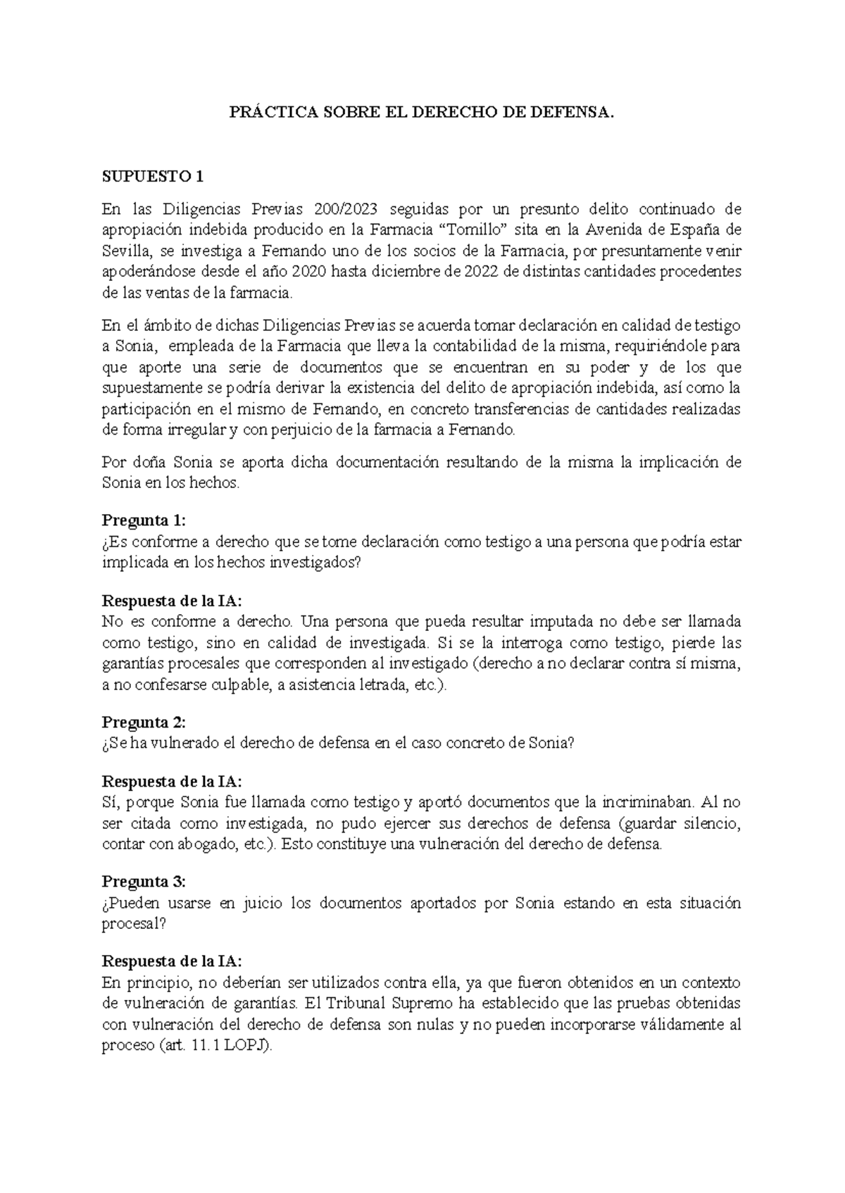 PRÁCTICA 2: DERECHO DE DEFENSA EN PROCESOS PENALES - Studocu