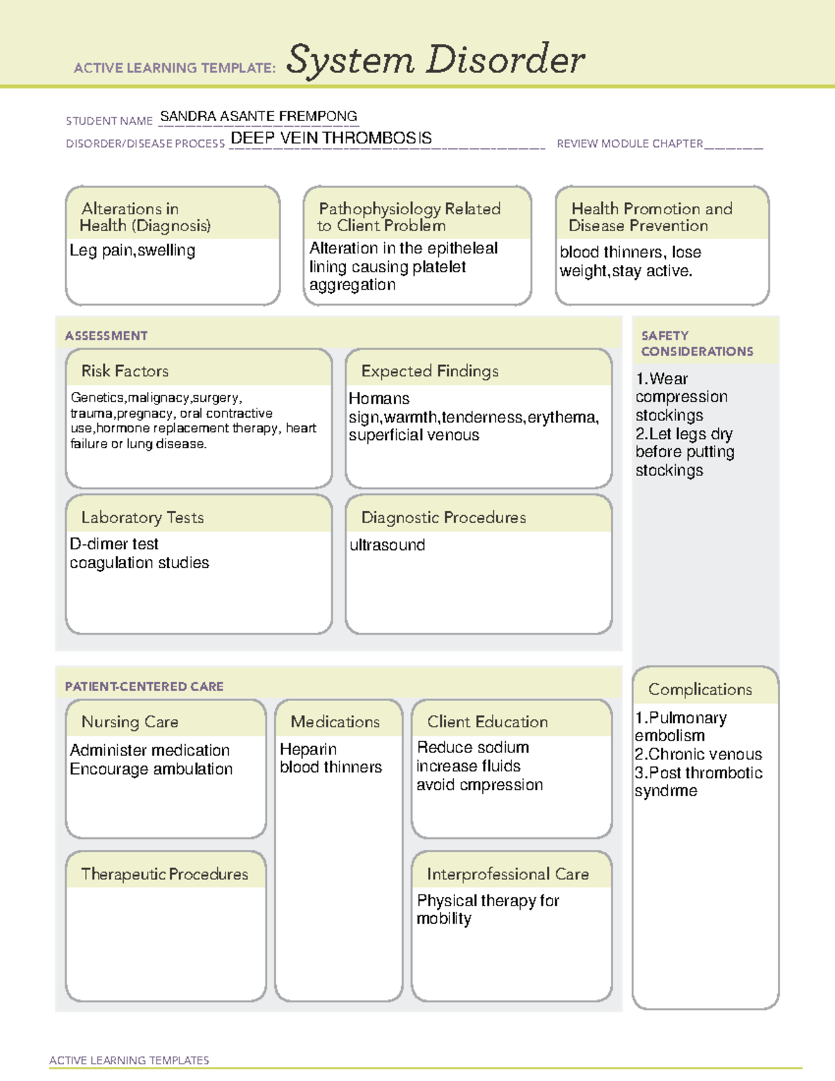 ACTIVE LEARNING TEMPLATE: Deep Vein Thrombosis Review (MED SURG) - Studocu