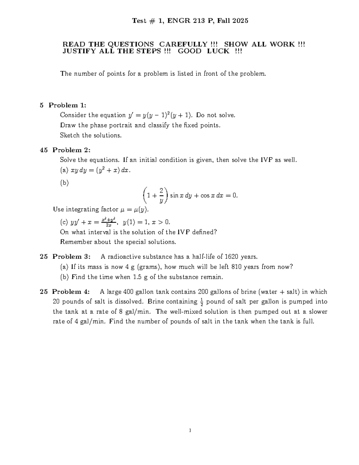 Test 1 Review, ENGR 213 P, Fall 2025 - Key Problems & Solutions - Studocu