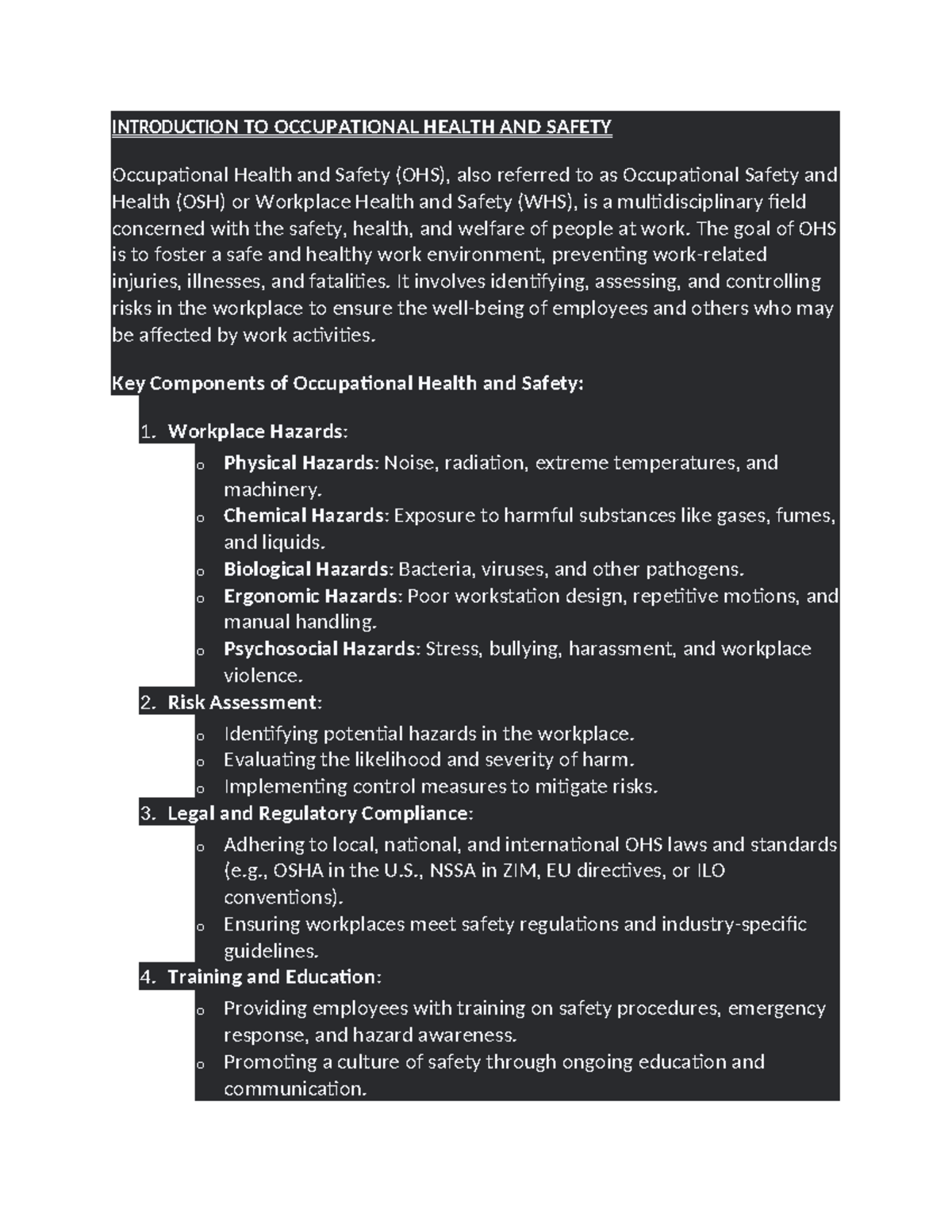 Introduction to Occupational Health and Safety (OHS) Notes 1 - Studocu