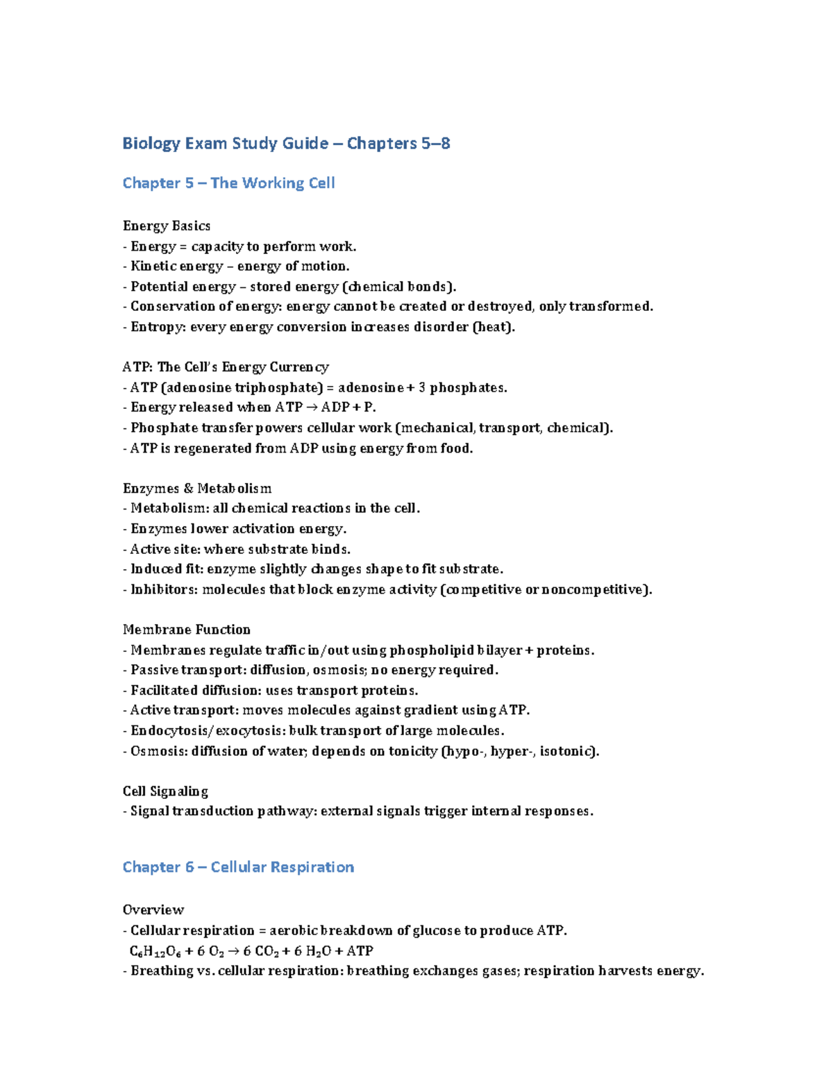 Biology Study Guide for Chapters 5-8: Cellular Respiration ...