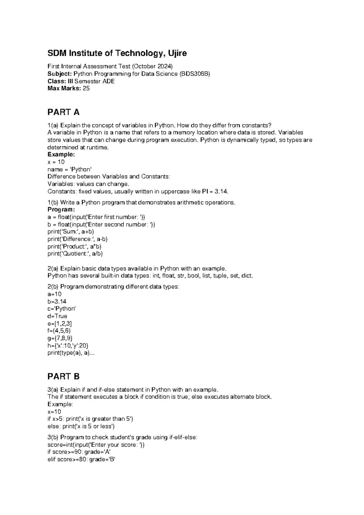 Python Programming for Data Science Model Answers (BDS306B) - Studocu
